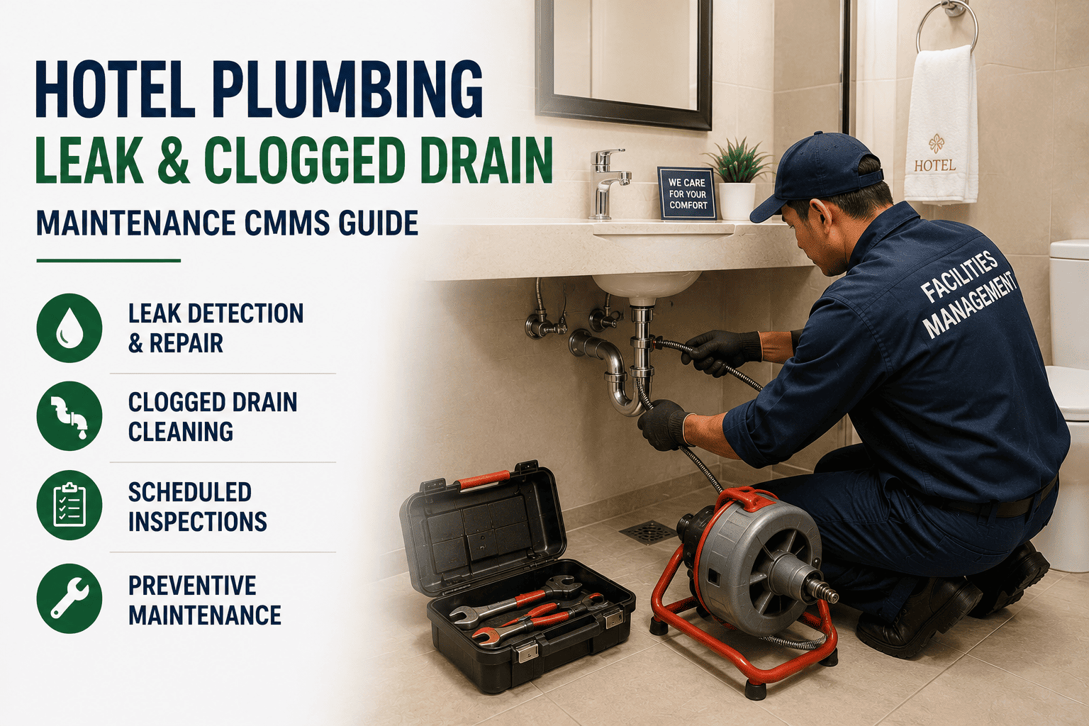 hotel-plumbing-leak-clogged-drain-maintenance-cmms-guide
